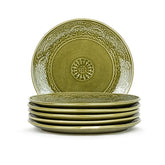 Ceramic Dinner Plates Set Of 6 Pieces, Mehndi Green Carving Series | Ceramic Plates Set With Glossy Finish - Dinner Plates Ceramic | Set Of 6 Plates For Dinner - Microwave Safe & Chip Resistant